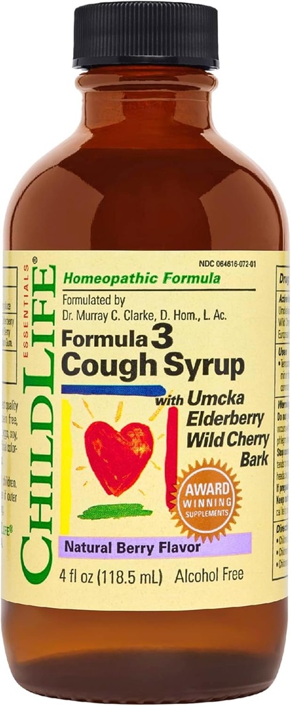CHILDLIFE Essentials Formel 3 Kinder Husten Syrup - Kinder Husten Medizin für Kinder 2-11, mit Umcka, Elderberry & Wild Cherry Bark, Glutenfrei - Natürliche Berry, 4 Fl Oz
