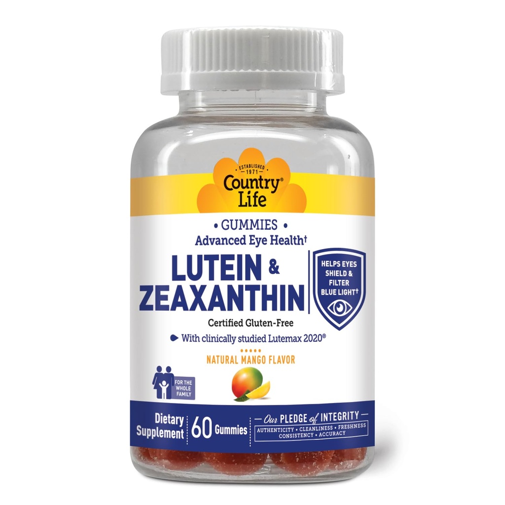 Country Life Lutein Gummis mit Lutemax 2020, 60 Ct, Kaubare natürliche Augenunterstützungsergänzung, Marigold Lutein, Zeaxanthin, Augengesundheit & Macular Support, Non-GMO, Natural Fruit Pectin, Vegan