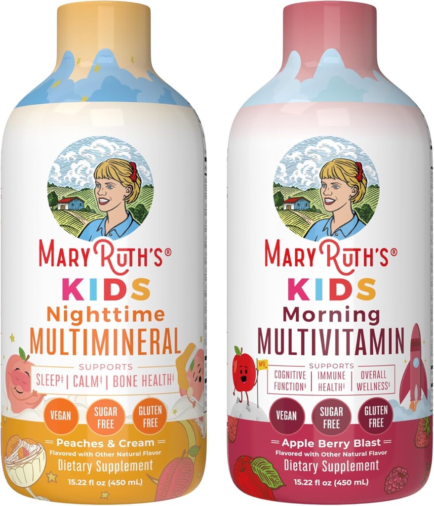 MaryRuth's Liquid Multivitamin (Apple Berry) & Nighttime Multiminéral (Peaches & Cream) pour les enfants.