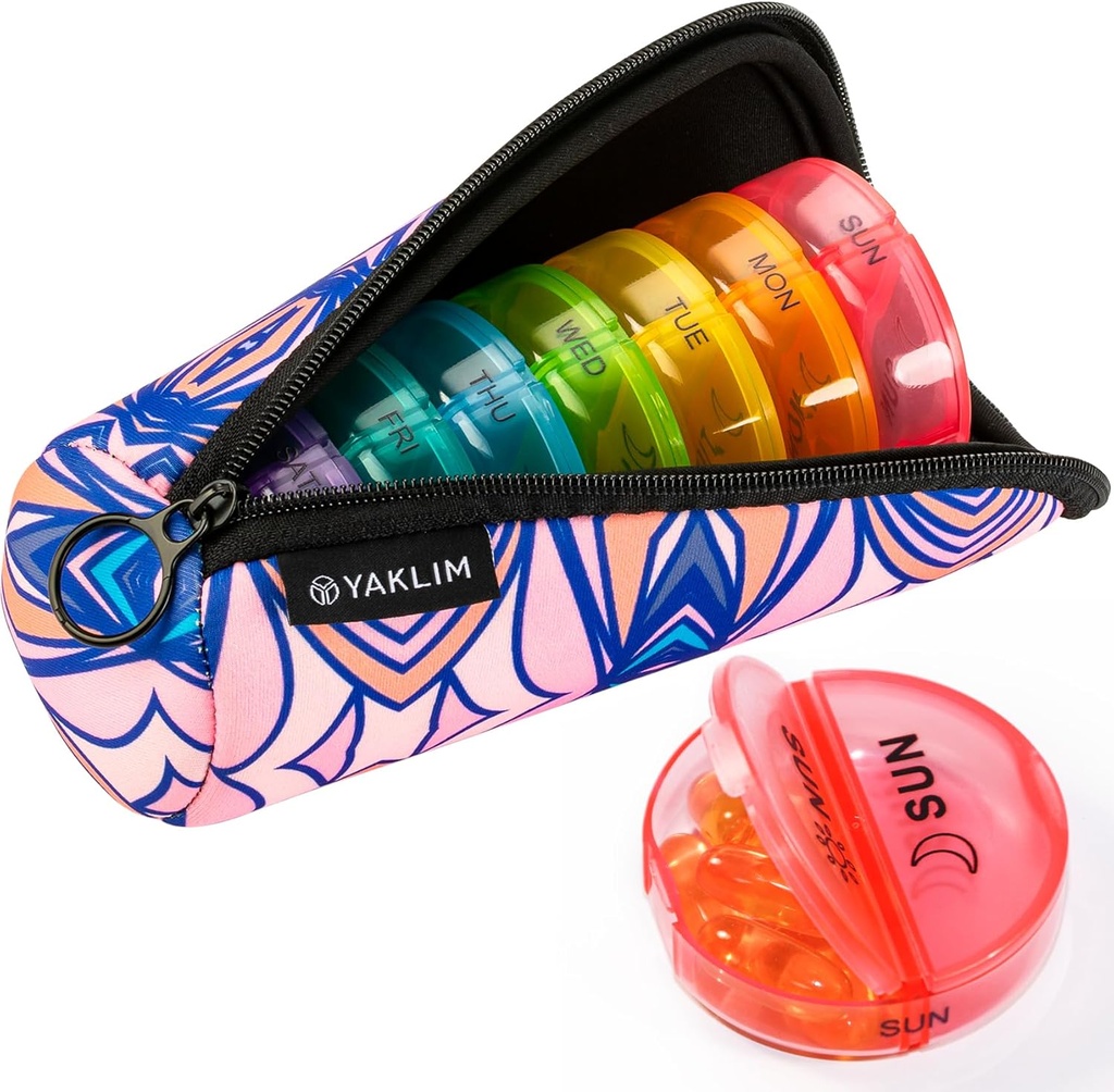 Yaklim Pill Organizer 2 volte al giorno, Eccellente qualità Neoprene Travel Pill Box, AM/PM Weekly Pill Containers 7 giorni con Portable Zipper Storage Cloth Bag per Vitamin Fish Oils Supplement (Pink)