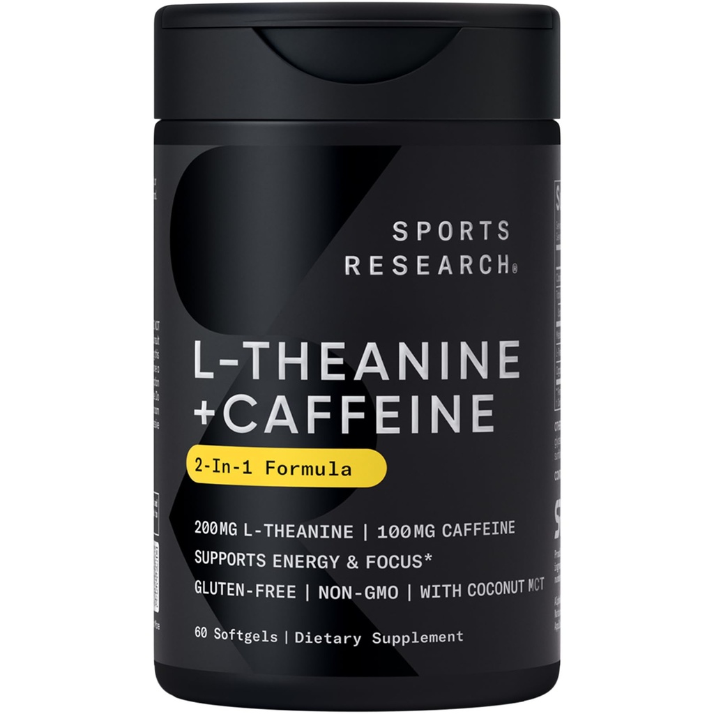 Ricerca sportiva L-teanina Integratore con Caffeina & Coconut MCT Olio - Energia concentrata, Alertness & Relax Senza Drowsiness - 200mg L Theanine, 100mg Organic Caffeine - 60 Liquid Softgels