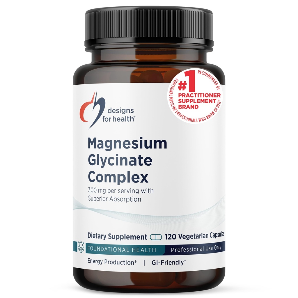 Designs für Gesundheit Magnesium Glycinat Complex - Chelat Magnesium Bisglycinat + Hohe Absorption Magnesium für Calming & Schlaf, Herzgesundheit, Immununterstützung & Knochenstärke - Vegan (120 Kapseln)