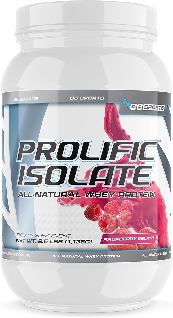 G6 Nutrizione sportiva Isolato Prolifico Tutto Isolato di proteine del siero naturale (Gluten Free, Lactose Free, Soy Free, Stevia Adolcito, 25g Protein, 100 Calorie) – 2.5lb Jar – Raspberry Gelato