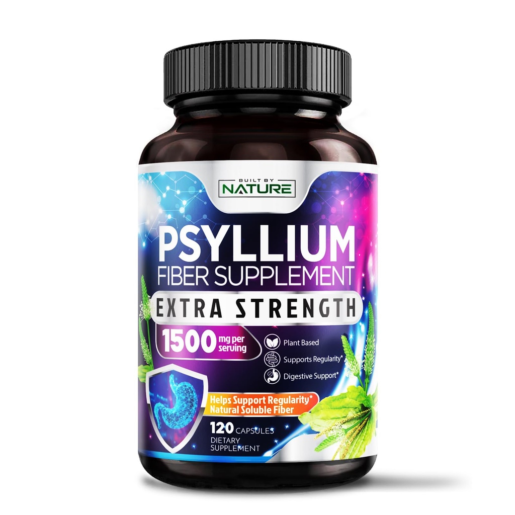 Psyllium Husk Capsules 1500mg - Supplément de fibre - Pilules de fibre naturelle soluble avec poudre de Psyllium Husk - Soutient la santé des Guts et des Colons - Non-OGM, Sans gluten, Vegan - 120 Capsules