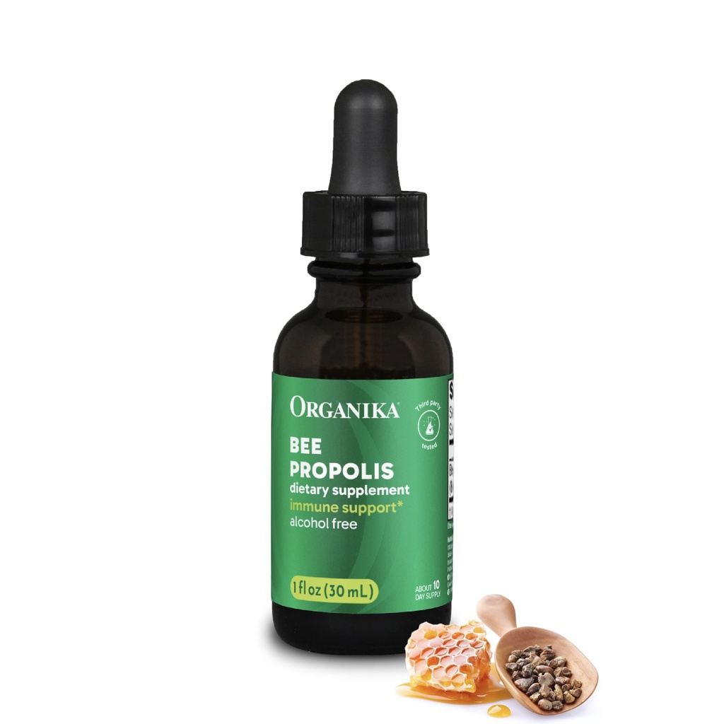 Teinture de propolis d'abeille d'Organika 1 oz: Extrait de propolis végétalienne - Gorge et respiration - Sans gluten, OGM, et arômes artificiels - 10 jours Prop gouttes d'approvisionnement