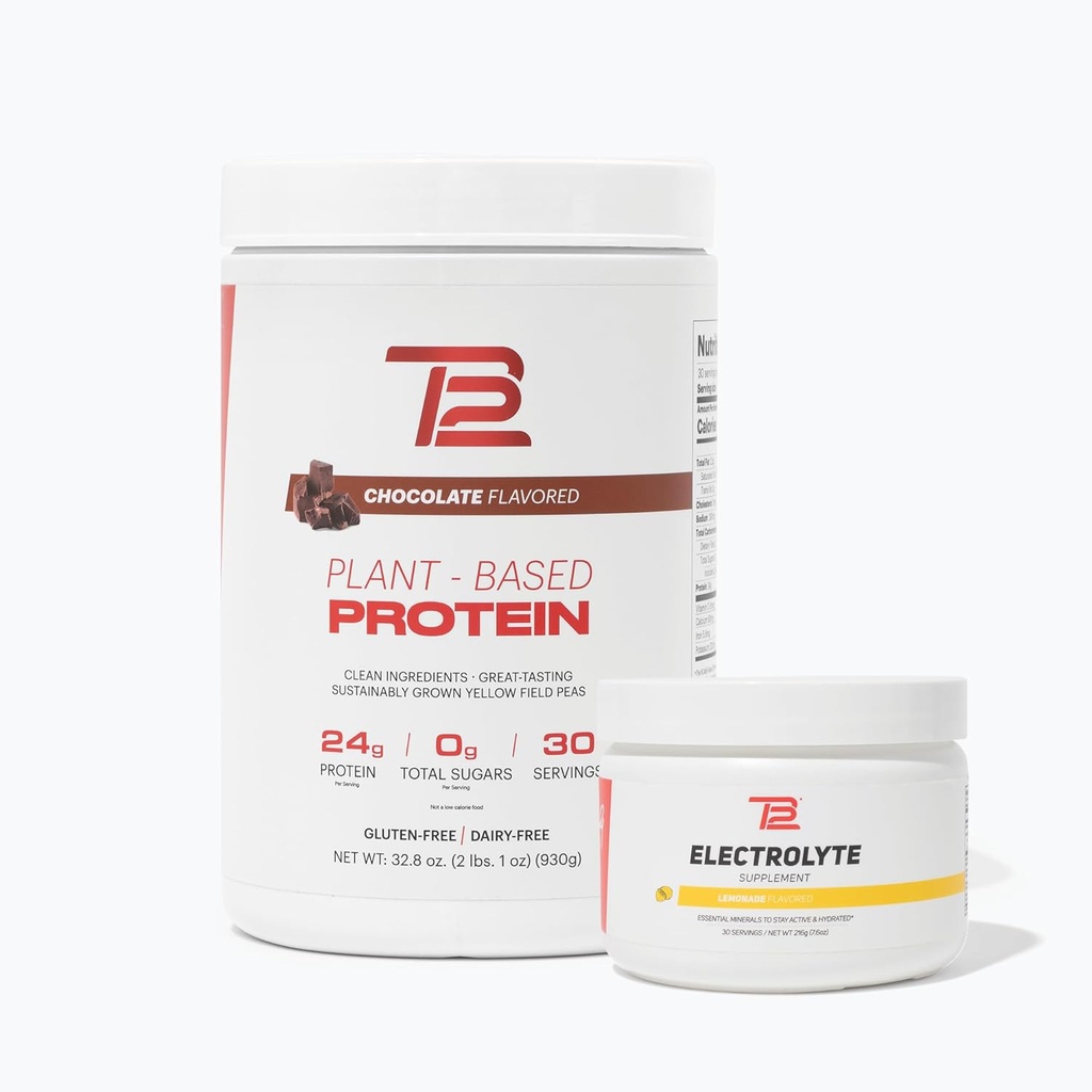 TB12 Plant Based Strength & Hydration Bundle (Chocolate Protein Powder & Lemonade Electrolytes), Support Muscle Recovery & Hydration, Dairy Free, Non-GMO, Soy-Free