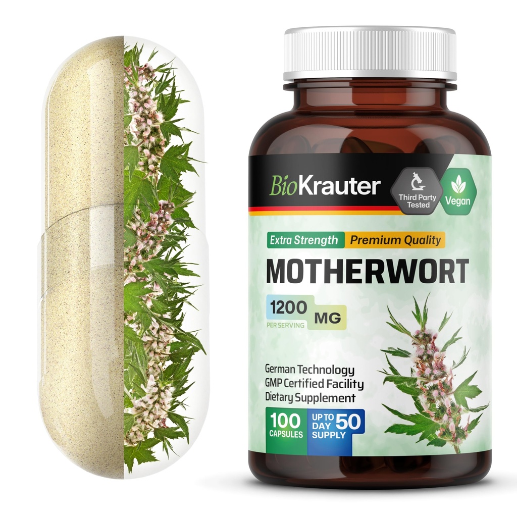BIO KRAUTER Motherwort Capsules 1200 mg - 100 Count - Motherwort Herb Supplement - Promuove il relax - Capsule di supporto per le donne