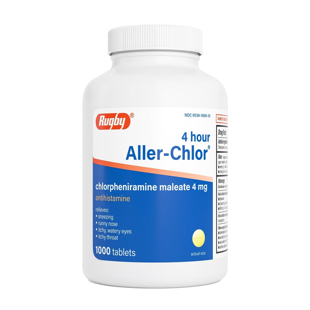 Rugby 4 heures Allerchlore - Chlorphéniramine Maléate 4 mg - Antihistamine - 1000 comprimés (1 emballage)