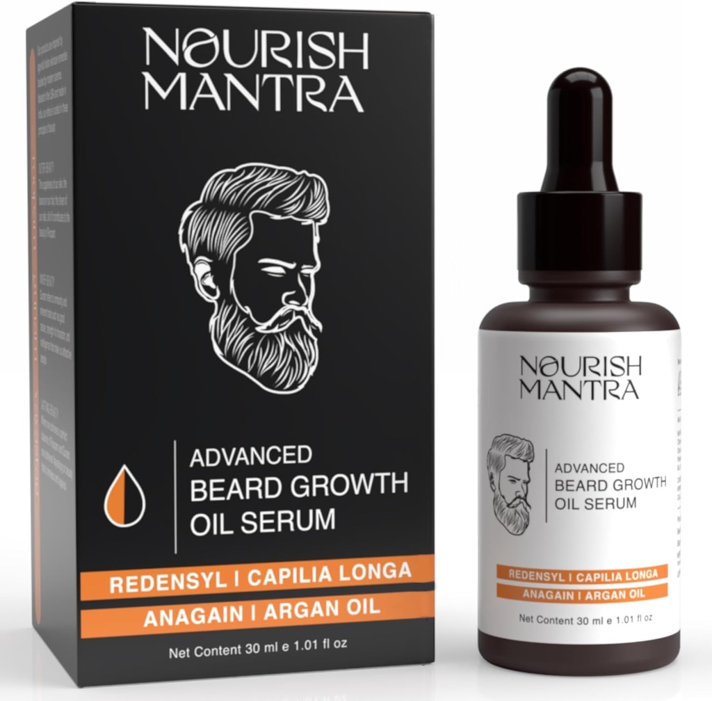 NOURISH MANTRA - Advanced Beard Growth Oil Serum | Hergestellt mit Redensyl, Capilia Longa, Argan Öl, Vitamin E und Jojoba Öl für Fuller, Thicker & gesünder Bart Wachstum | Bartöl Serum für Männer | 30 ml