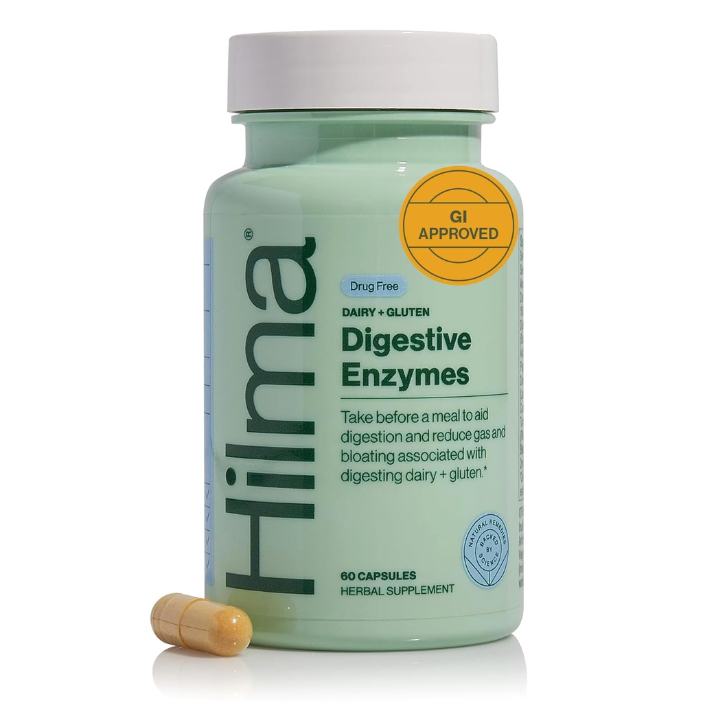 Hilma Verdauungsenzyme für Frauen, Bloating Relief mit Kurkuma, Dandelion Root und Gluten Digestive Enzyme, natürliche Gluten und Dairy Relief Pillen, 60 Vegan Kapseln