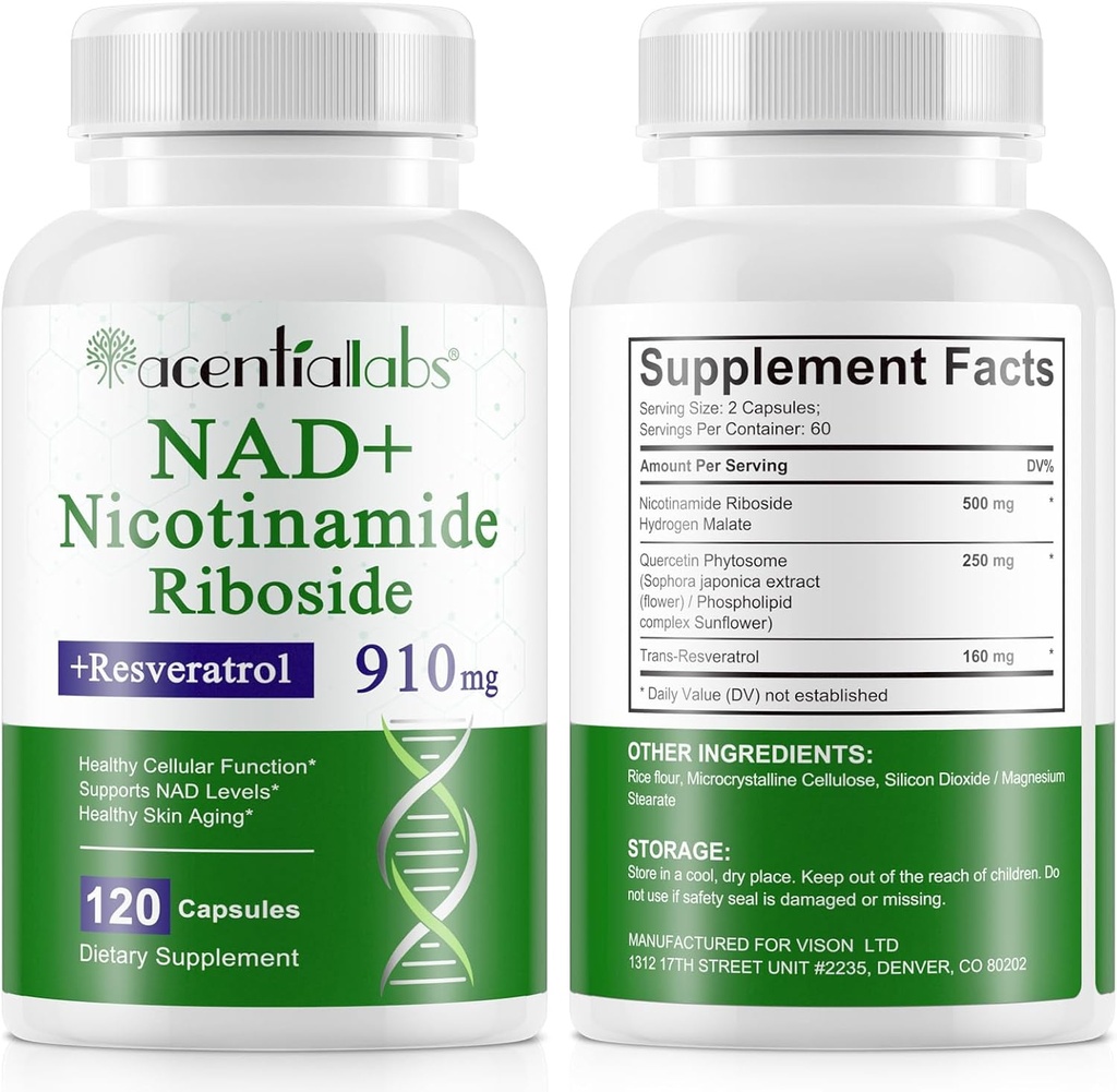 120 Count NAD Plus Supplement, Liposomal Nicotinamid Riboside Kapseln 900MG mit Resveratrol & Quercetin, hohe Reinheit Nicotinamid für Anti-Aging, Zell-Generation/Energie/Immune Booster