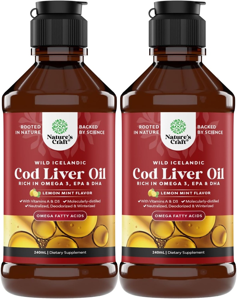 Huile de foie de morue sauvage islandaise liquide - gouttes d'huile de poisson avec Omega 3, EPA, DHA, Vitamine D & A - Supplément de foie de morue liquide pour le coeur, l'articulation, le cerveau et l'immunité support - 240 ml (8 Once) 2 Pack