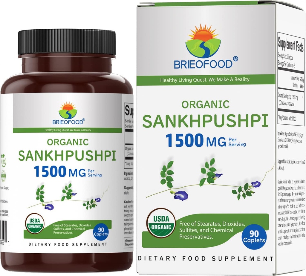 Brieofood Organic Sankhpushpi 1500mg, 45 Serve, Vegetariano, Gluten Free, 90 compresse vegetariane