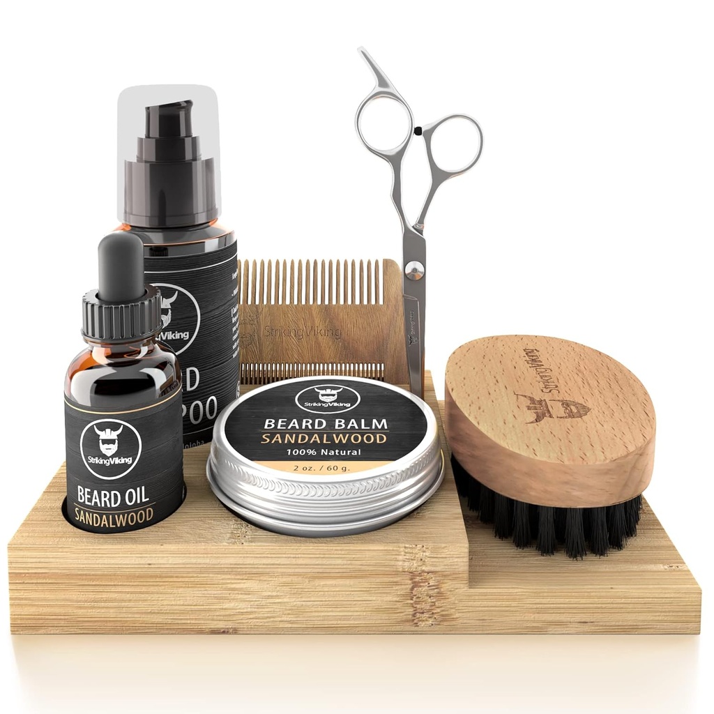 Striking Viking Beard Growth Kit - set da 7 pezzi, Sandalwood Scent & Caddy - olio e balsamo con spazzola del cuscinetto, Pettine e forbici a doppio taglio più Mustache Comb per Grooming & Styling