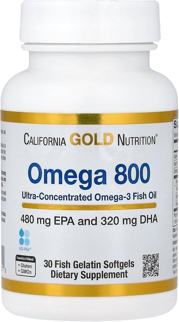 California Gold Nutrition Omega 800 Ultra-Concentrated Omega-3 Fish Oil, kd-pur® Triglycerid Form, 30 Fish Gelatin Softgels (1.000 mg pro Softgel)