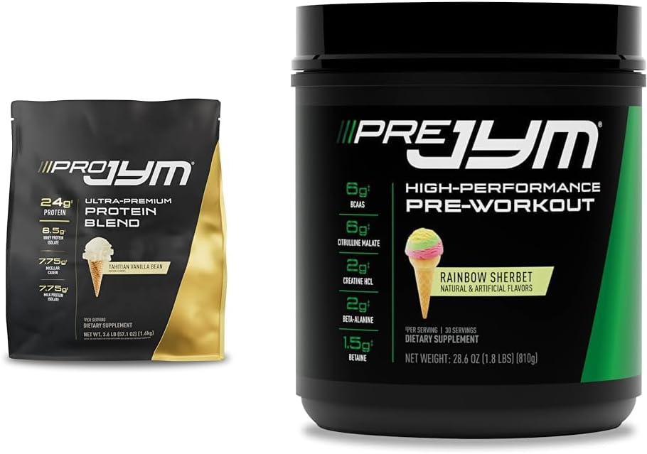 PRO JYM 45 Serve - Tahitian Vanilla Bean & Pre Jym Rainbow Sherbet, 30 Serve, Rainbow Sherbet, 1.8 Pound (Pack of 1)