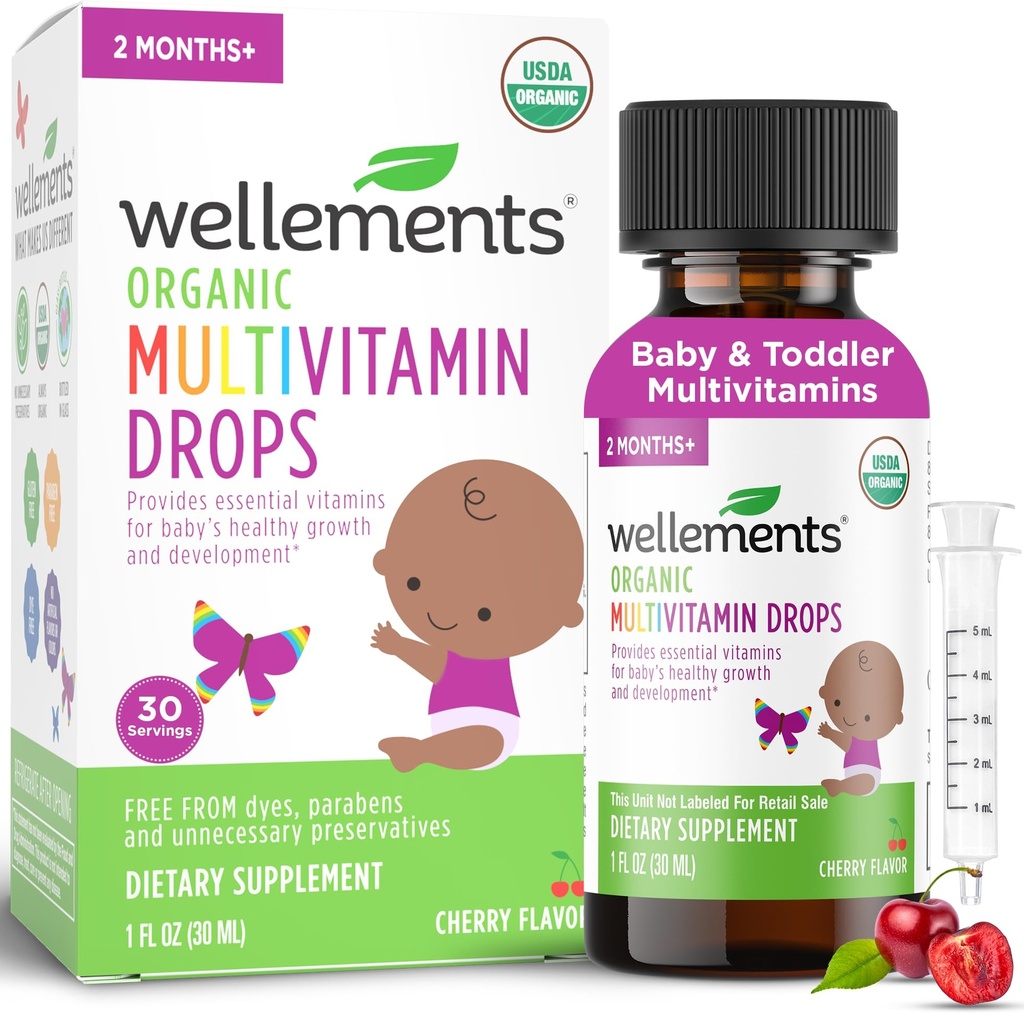 Wellements Organic Baby Multivitamin Drops (1 Fl Oz) - Cherry Flavor Liquid Multivitamins for Infants & Toddlers (2 Mesi +) - Vitamine per il supporto immunitario*, Crescita sana & Bone Sviluppo*