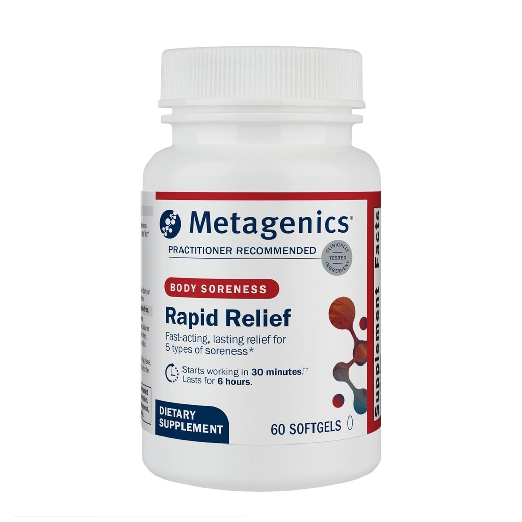 Metagenics Rapid Relief - pflanzliches Softgel mit Kurkuma & Boswellia - Unterstützt schnelles Relief für Muskel, Rücken & Gelenkstörung* - Drug-Free, Non-GMO, Gluten-Free - GMP zertifizierte Einrichtung - 60 Softgels