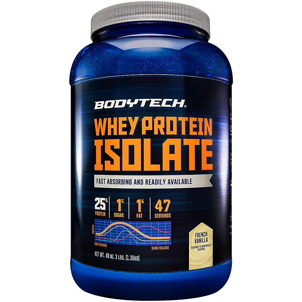 BODYTECH Poudre isolante de protéines de lactosérum - avec 25 grammes de protéines par portion et BCAA - Idéal pour la construction et la croissance musculaires après l'entraînement, contient du lait et du soja - Vanille (3 livres)