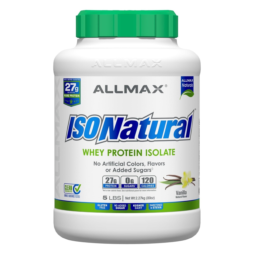 ALLMAX Ernährung ISONATURAL Whey Protein Isolate, Vanille - 5 lb - 27 Gramm Protein Per Scoop - Zero Fat & Sugar - 99% Lactosefrei - mit Präbiotika - Keine künstlichen Geschmacksrichtungen - 73 Portionen