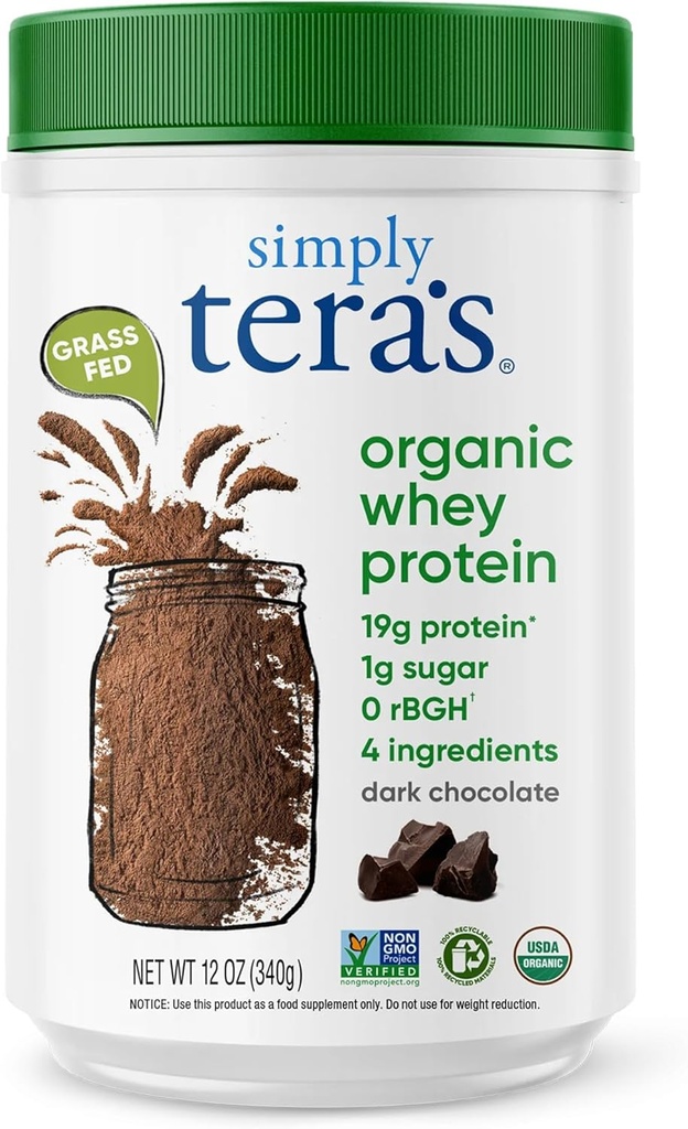simplement la poudre de protéines de lactosérum biologique de tera - Poudre de protéines de lactosérum à l'herbe sans édulcorants artificiels, propre, sans OGM, sans gluten - chocolat noir, 12 oz.