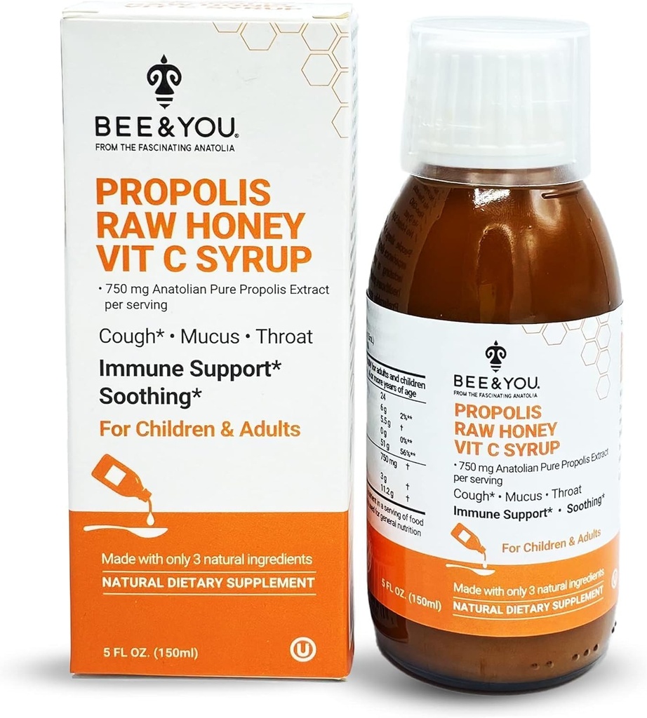 BEE e si Propolis Estratto di tosse Syrup w/Vitamin C, Miele lenitivo, Sostegno Immune naturale, Sorriso sollievo alla gola, Antiossidanti, per bambini e adulti, 5 Fl Oz, per uomini e donne