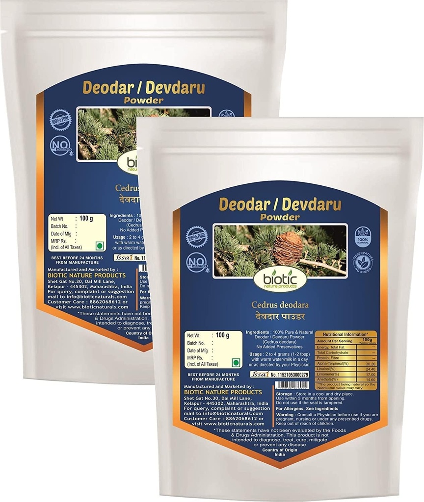 Veena Biotic Deodar Powder (Cedrus Deodara) Devadaru Powder - 200 g (Pack mit 2)
