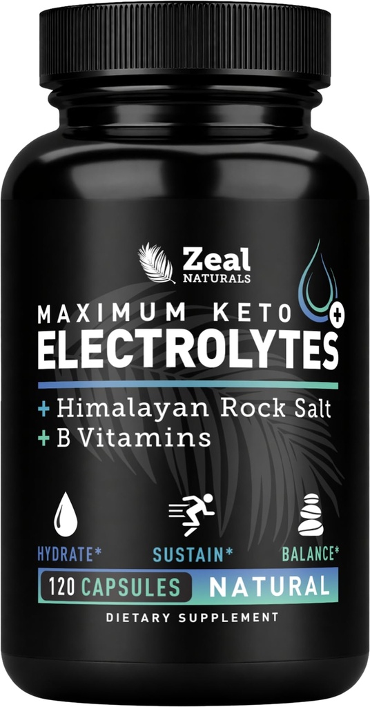 Supplément électrolyte de kéto (120 capsules) Suppléments électrolytes de kéto maximum Pills w sel rose himalayen, vitamine B, supplément de magnésium et de potassium - pilules de sel et comprimés d'électrolyte
