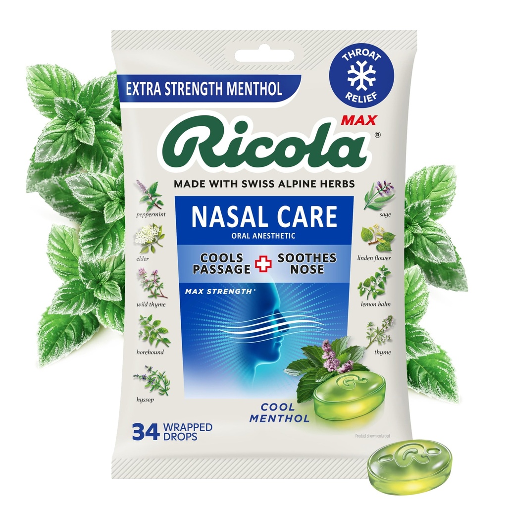 Ricola Max Cool Menthol Nasal Pflege große Tasche | Cough Suppressant Tropfen | Dual Action Liquid Center | Beruhigendes Langlebiges Relief - 34 Count (Pack von 1)