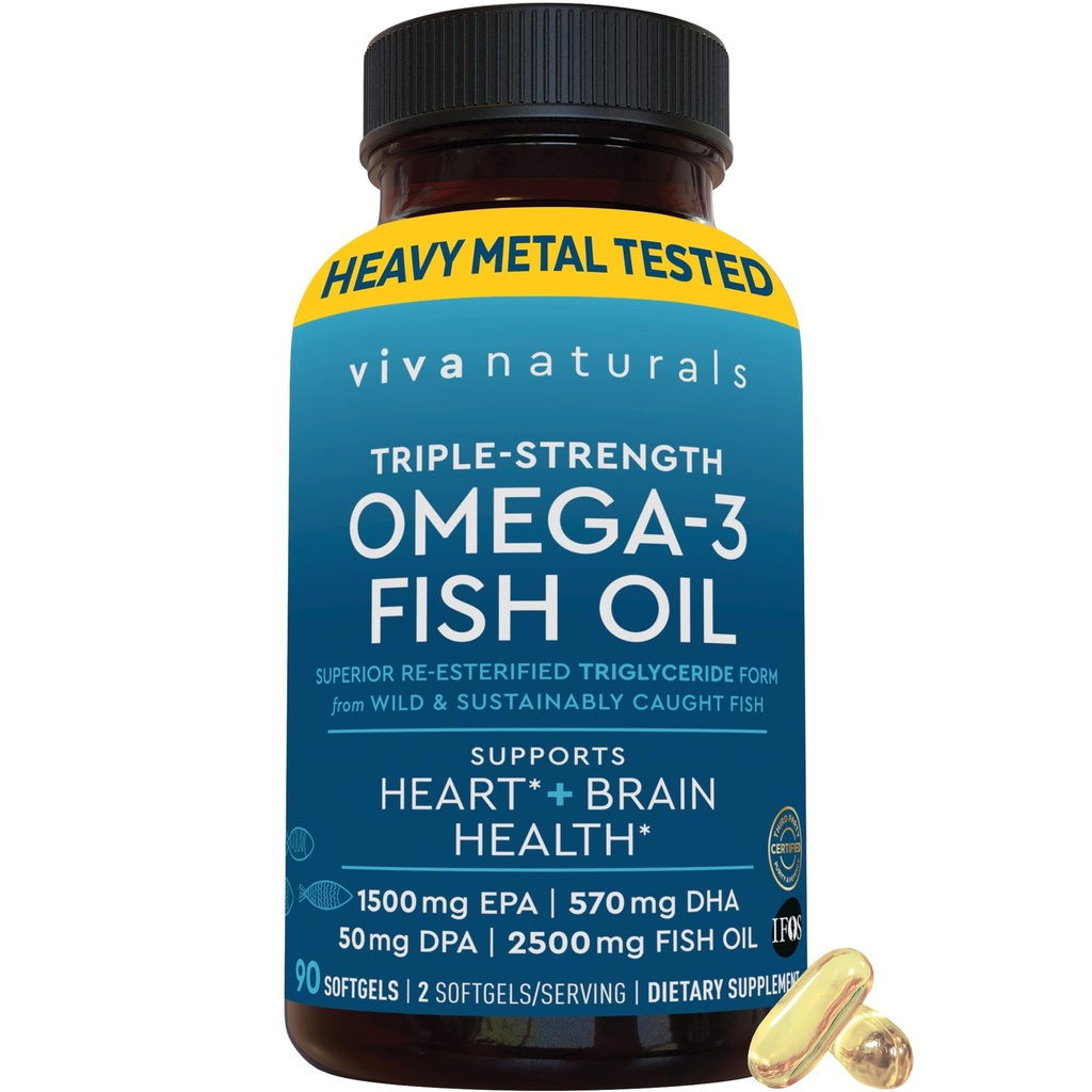 Viva Naturals Triple Strength Omega 3 Fish Oil Pills – 2500 mg High-Potency Formel mit 2250 mg Omega 3 Fettsäuren (einschließlich EPA, DHA, DPA) in rTG Form für Absorption – IFOS Certified, 90 Softgels