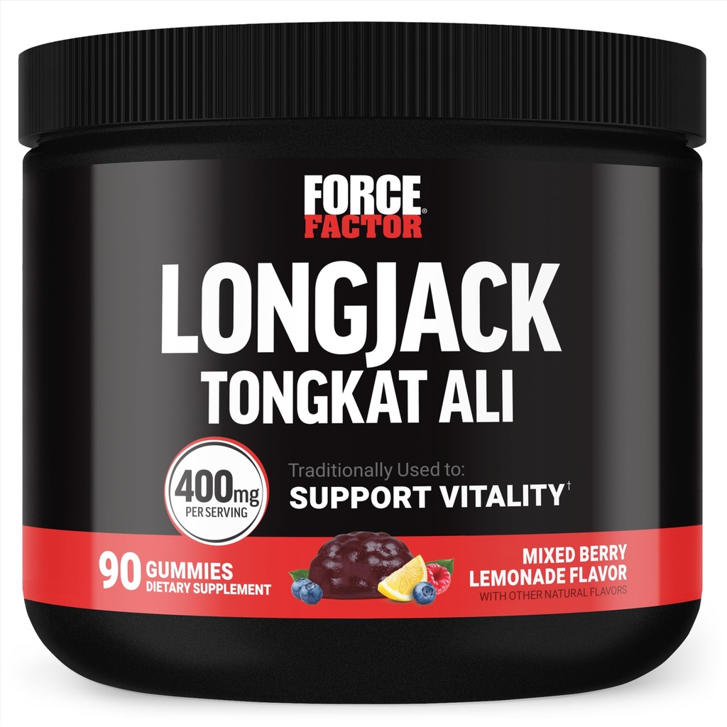 Force Factor Longjack Tongkat Ali Gummies, Tongkat Ali für Männer zu unterstützen männliche Vitalität und Laufwerk, 400mg Tongkat Ali mit BioPerine, gemischte Berry Lemonade, 90 Gummies