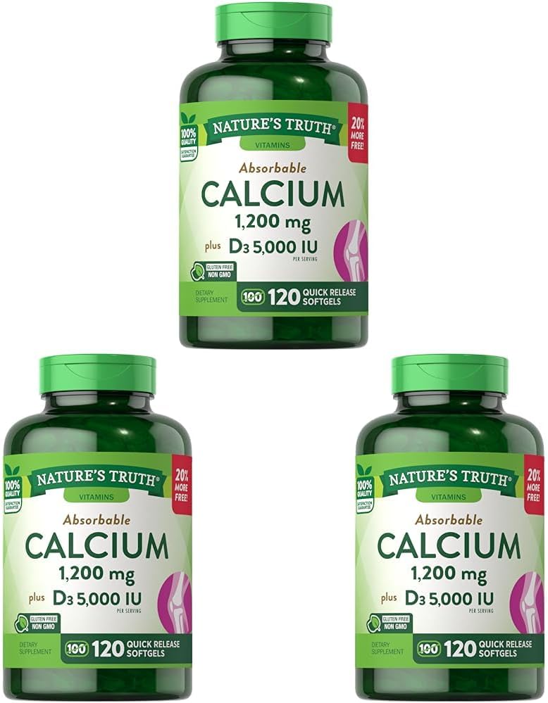 Calcium assorbibile della natura 1200 mg con vitamina D3 5000 IU | 120 Softgels | Carbonato di calcio | Supplemento senza glutine non OGM (Pack of 3)