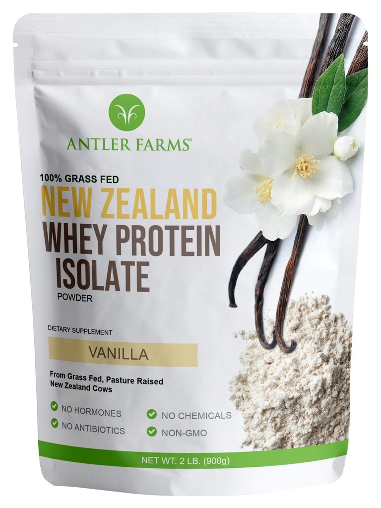 Geweihfarmen - 100% Gras Fed Neuseeland Whey Protein Isolate, Vanilla Flavor, 2 lbs - Rein und sauber, 4 Zutaten, Köstlich, Kalt verarbeitet