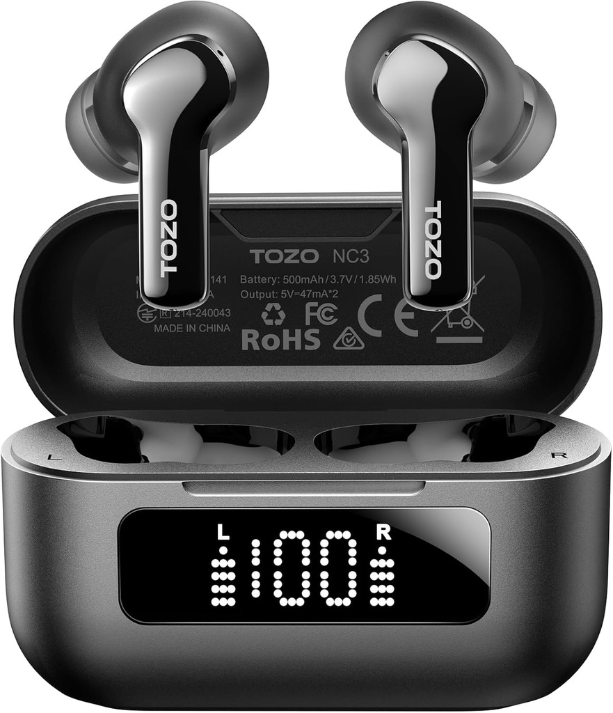 TOZO NC3 Hybrid Active Noise Cancelling Wireless Earbuds mit 6 Mics AI Clear Call Ear Buds 55H Playtime mit LED Display 32 Preset EQs über APP Bluetooth 5.3 IPX8 Wasserdicht in Ohr Kopfhörer