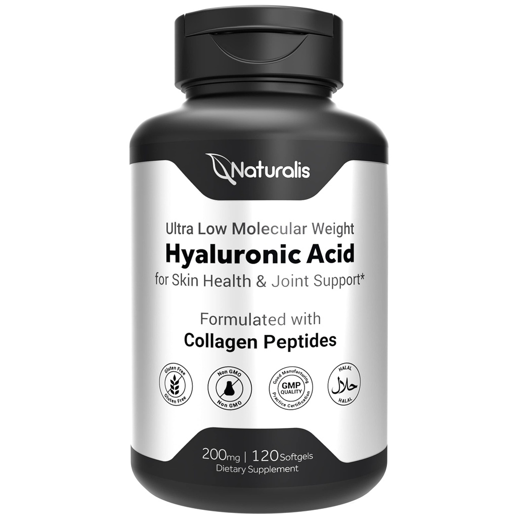 Acido Ialuronico Naturalis 200mg, 10x Migliore Assorbimento Ultra Basso Peso molecolare con Collageno, Biotina, Selenio & Vitamina E | Capelli, Pelle, Unghie & Integratori Comuni | 120 Softgels