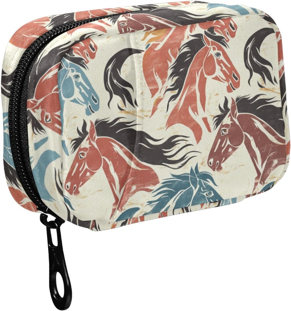 Fustylead Hand Zeichnen Retro Bunte Pferdeköpfe Pille Organizer für Geldbeutel, Wöchentliche tragbare Pille Box mit Reißverschluss zu Lagerung Vitamine Fischöle Medikamente Ergänzungen