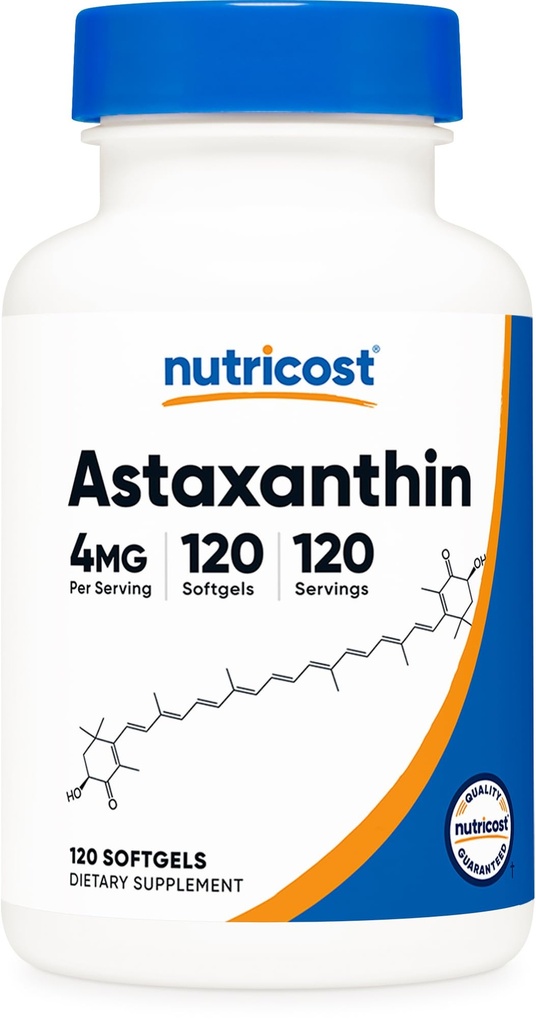 Nutricost Astaxanthin 4mg, sans gluten et sans OGM, 120 Softgels (4 mois d'approvisionnement)