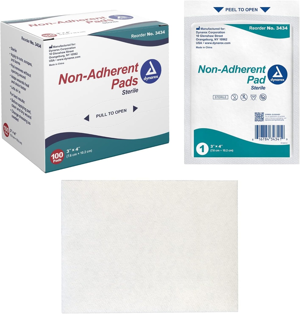 Dynarex Non-Adherent Pads-Sterile, Individuell verpackt, Non-Stick Wound and Burn Care, Soft & Highly Absorbent, 3” x 4”, 1 Box von 100 Nicht-Adherent Pads-Sterile