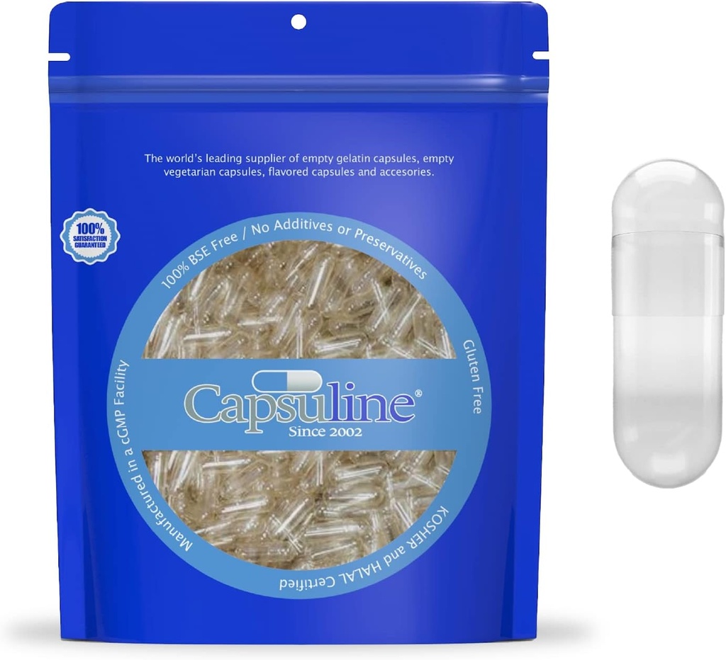Capsuline Größe 0 - Klare leere Gelatine Kapseln - 25000 Graf - DIY reine Bovine Pille Füllung - Leere Kapseln - Kosher, Glutenfrei und Halal Zertifiziert - Nicht-GMO Zertifiziert (Clear)