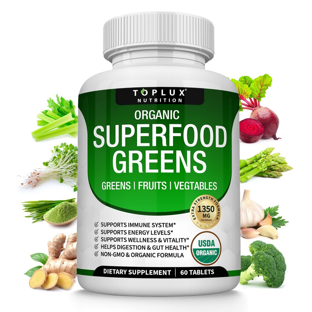 Bio Super Greens Capsules Superfood Fruit Veggie Supplement - 28 leistungsfähige natürliche Inhaltsstoffe mit Alfalfa, Beet Root, Tart Cherry & Ginger für Immun- und Energieunterstützung, für Männer Frauen, 60 Tabletten