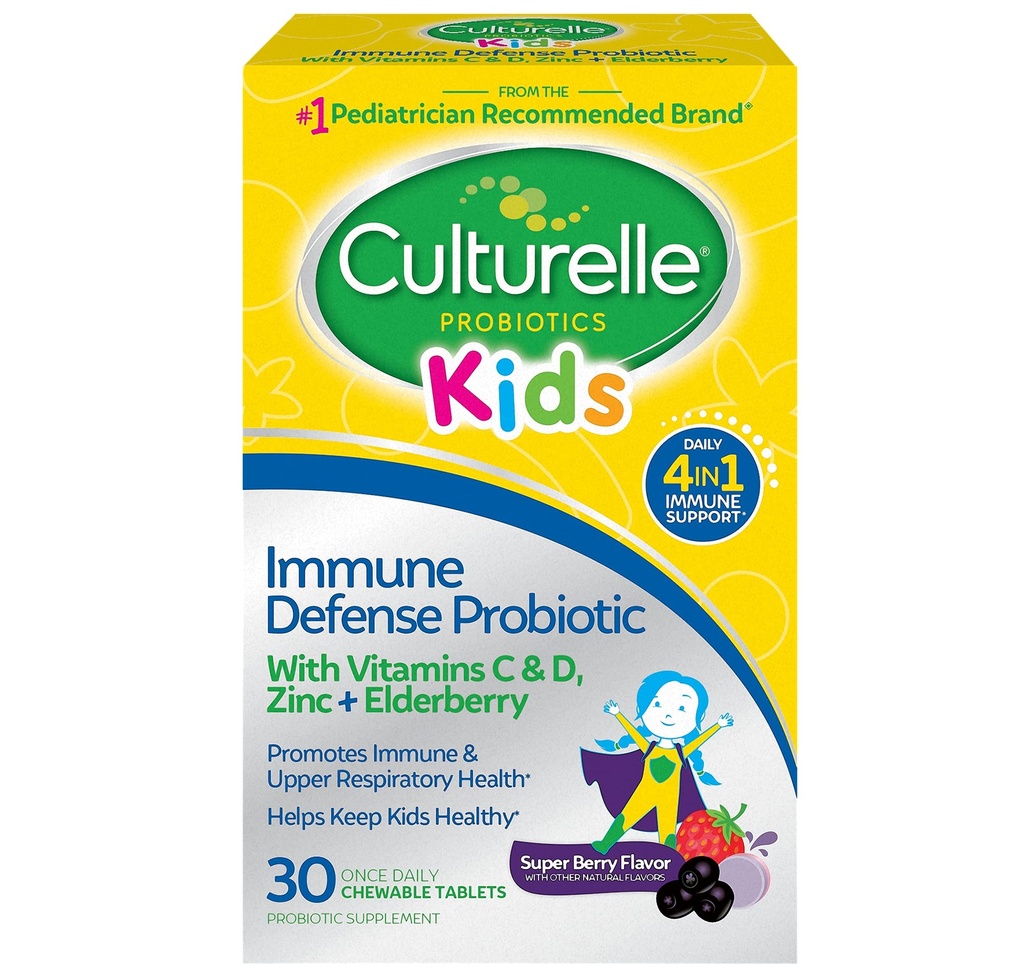 Culturelle Immunabwehr Probiotika mit Vitamin C, Vitamin D und Zink + Holunderbeeren, Nicht-GVO, 4-in-1 Immununterstützung für Kinder ab 3 Jahren, Mixed Berry Chewables, 30 Count