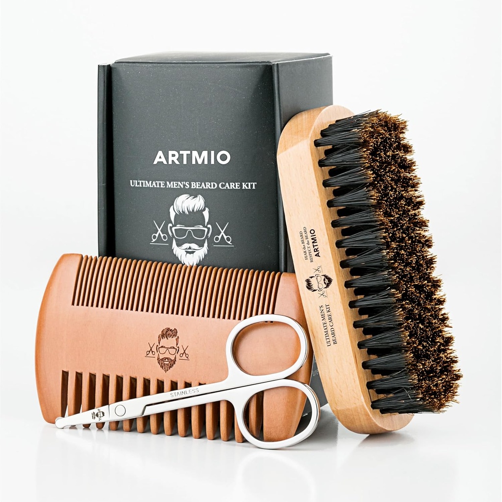 Bartbürste, Comb und Scheren Set für Herren Bartpflege - Boar Bristle Hair Brush & Wooden Comb & Edelstahl Scheren - Bart Styling, Grooming & Shaping Tools