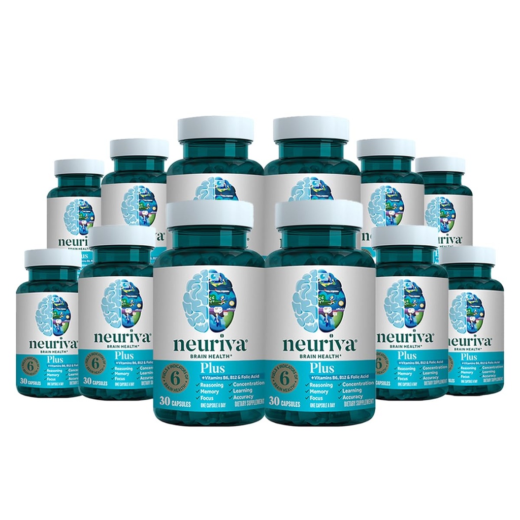NEURIVA Plus Brain Supplemento per Memoria, Focus & Concentration + Funzione cognitiva con Nootropi clinicamente testati Phosphatidylserine e Neurofactor, VIT B6 & B12, 30 Count Capsule (12 Pack)