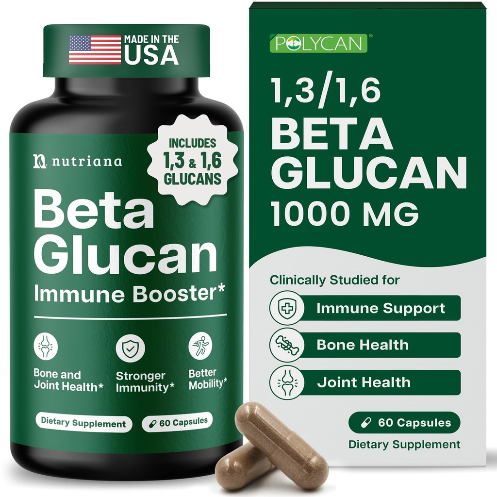 Nutriana Beta Glucan Supplements 1000mg – 1,3/1,6D Beta Glucan Capsules for Immune Support – Natural Beta Glucans Fiber Supplement – 60 Veggie Capsules (60 Count, Unflavored)
