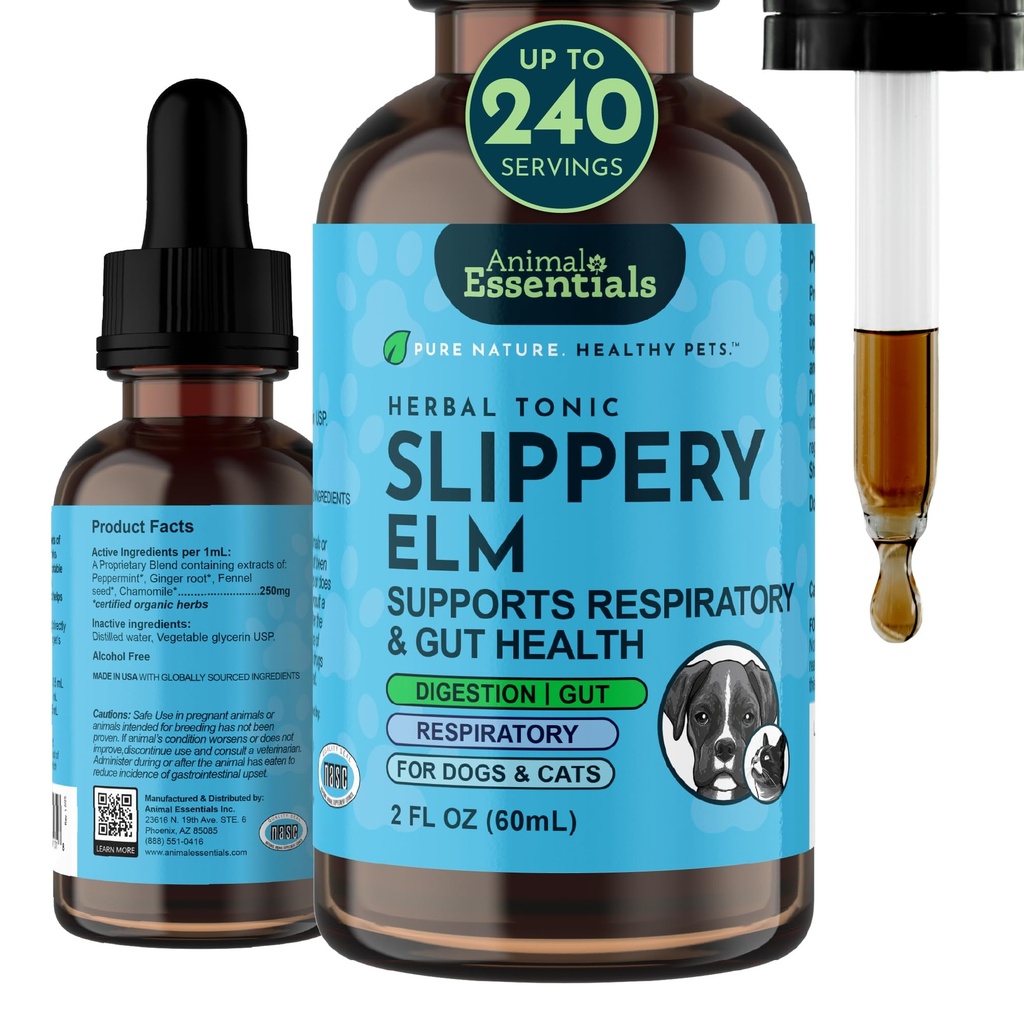Animal Essentials Slippery Elm - Estratto di erbe per cani e gatti, promuove la digestione sana, la funzione Bowel, erbe biologiche certificate, tutta naturale, salute respiratoria, formula liquida - 2 Fl Oz