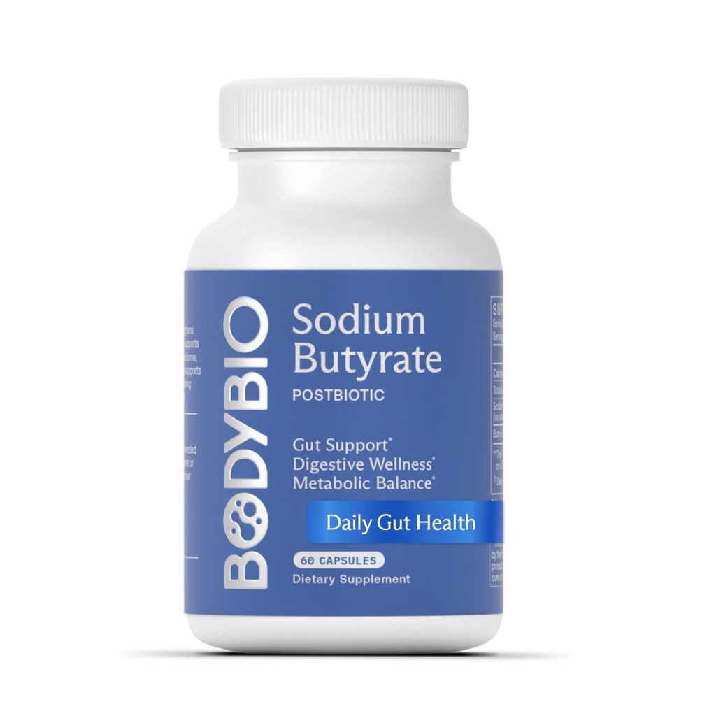 Butyrate de BodyBio - Postbiotique pour la santé de Gut, soutien digestif, dégel, gaz et soulagement de la constipation, réparation de Gut de fuite - Sodium + supplément d'acide butyrique pour GI Wellness