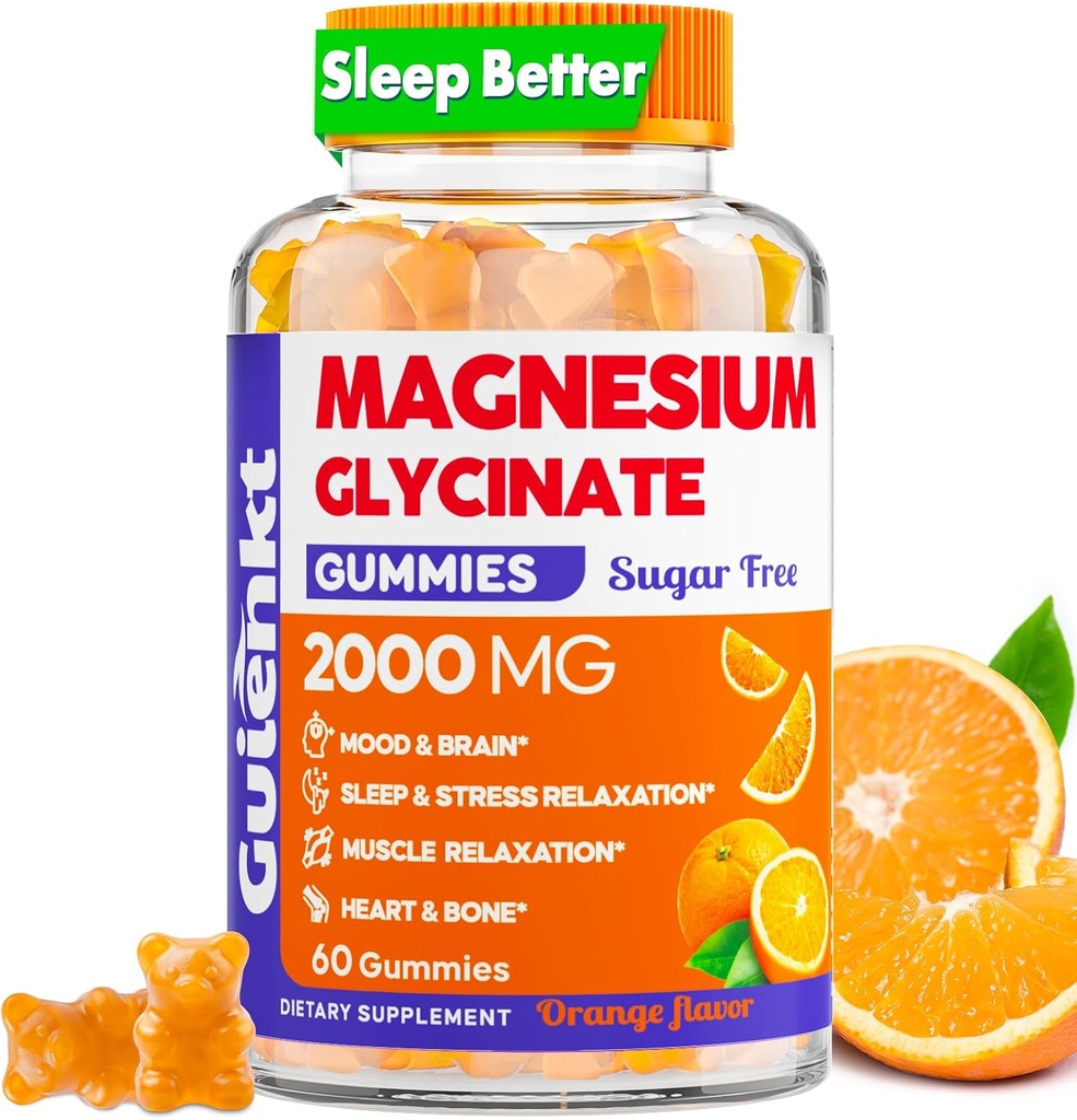 Magnesio Glycinate Gummies 2000 mg, Zucchero Gratuito Magnesio Gummies per Adulti per Dormire, Calma, Relax, Pectin Based, Aroma arancione, 60 Gummie vegetariane