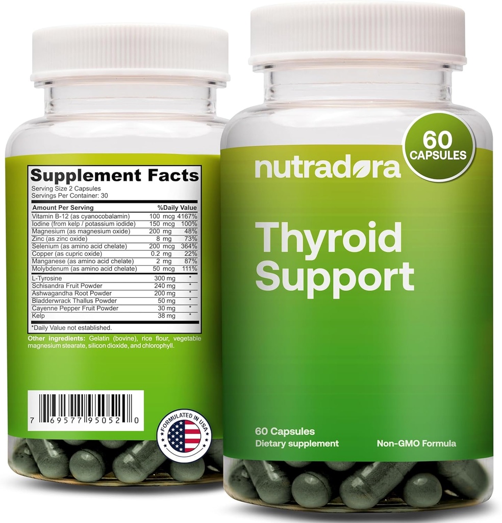 Supporto tiroideo per le donne e gli uomini - Supplemento tiroideo con iodio, vitamina B12, Ashwagandha, Selenio e integratori di zinco, certificato GMP, formulato in USA, 60 capsule (pacchetto di 1)