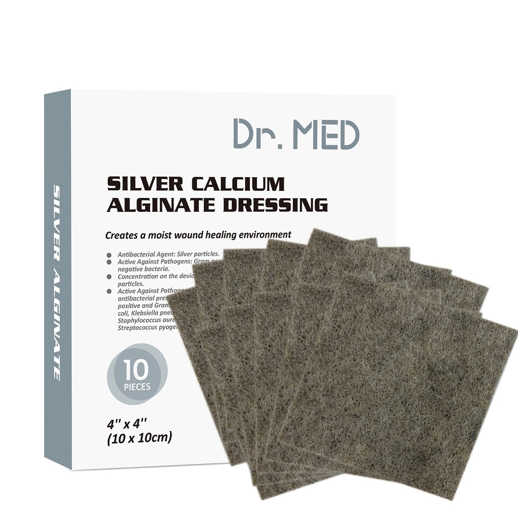 Dr. Med Silver Calcium Alginate Wound Dressing 4'x4''' Patches, 10 Individual Pack High Absorbency Ag Alginate Wound Bandage, Non-Adhesive, Painless rimozione Gauze for Bedsore, Ulcers, Skin Abrasions