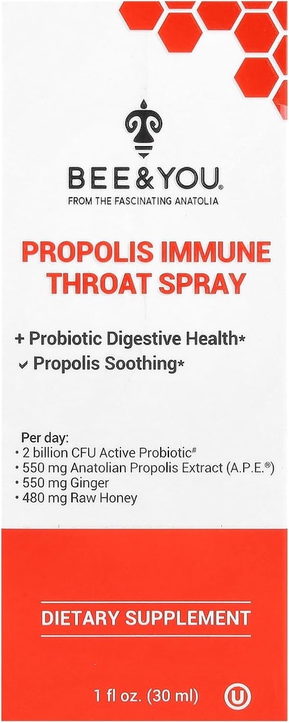 Bee and You Propolis and Probiotic Thro Spray con Ginger, Supporto Immune, Salute Digestiva, Antiossidanti, Keto, Paleo, Gluten-Free, 1 Fl oz